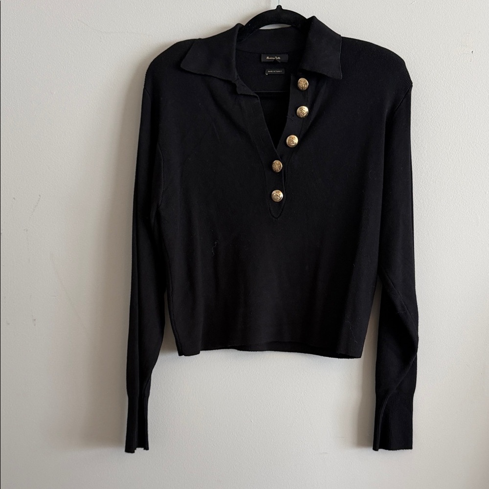 Massimo Dutti Black Long-Sleeve Polo Top with Gold Buttons
